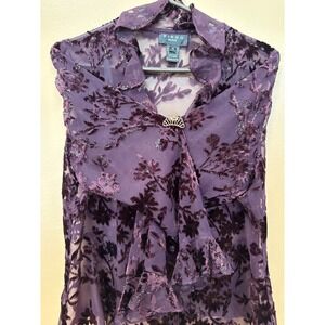 Virgo Petite Purple Burnout Velvet Floral Metallic Sheer Blouse Size 14P